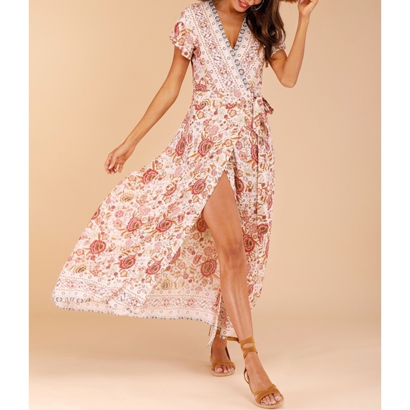 MBM Unlimited Dresses & Skirts - Beige Earth Tones Boho Floral Side Tie Maxi Dress